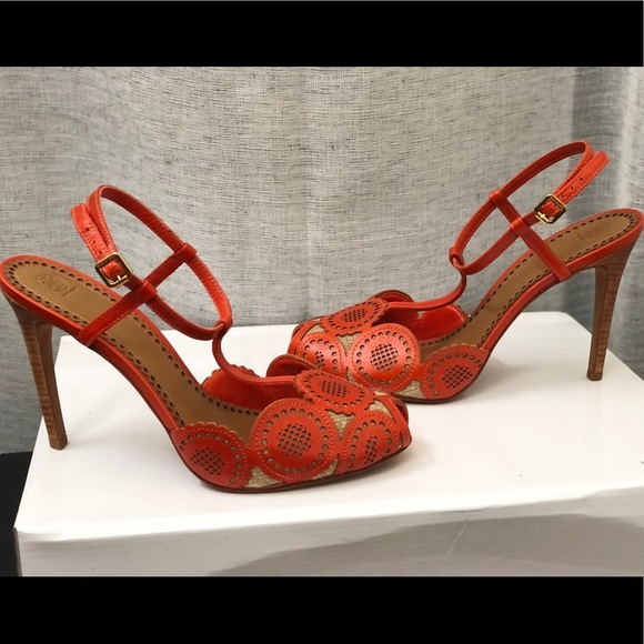 Tory Burch Orange leather and Jute T strap heels - Picture 7 of 11